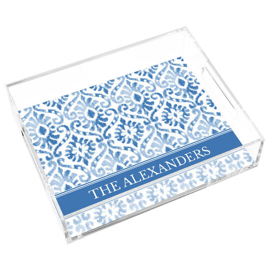 Shades of Blue Damask Lucite Tray